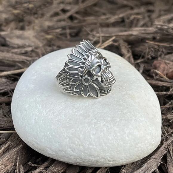 Mens Biker hotrod sterling silver native American chief indian skull ring size 9 - Picture 2 of 5